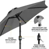Close-up view of a gray patio umbrella, highlighting its features with text callouts. Produktbild-Vorschau