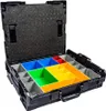 An open black storage case with colorful compartments for organizing small items. Produktbild-Vorschau