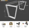 A diagram showing the dimensions and features of a metal table frame, with icons indicating quality welds, high load capacity, adjustable feet, and powder coating. Náhled obrázku produktu