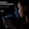 A woman is holding a smartphone, and a digital representation of her face is being scanned by blue light emanating from the phone, illustrating face recognition technology. Produktbild-Vorschau