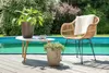 A patio scene with a chair, table, and potted plants next to a swimming pool. Anteprima dell’immagine prodotto