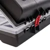 A close-up view of the latch and seal of a black plastic storage box. Produktbild-Vorschau
