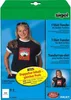 A product package for T-shirt transfers for dark textiles, featuring a model wearing a t-shirt with a transfer design. Anteprima dell’immagine prodotto