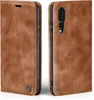 A brown leather flip case for a smartphone is shown from two angles. Produktbild-Vorschau