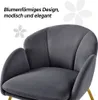 Close-up of a dark gray upholstered chair with a petal-shaped back and gold legs, with decorative floral elements and text overlay. Podgląd zdjęcia produktu