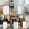 A collage of images showing a white dehumidifier in various home settings, including a living room, bathroom, closet, and laundry area. Produktbild-Vorschau