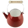 A red enamel kettle with a wooden handle is shown against a white background. Podgląd zdjęcia produktu