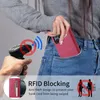 A person is putting a red phone case with card slots into their jeans pocket, with a scanner and RFID blocking graphics overlaid. Produktbild-Vorschau