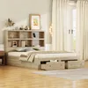 A kingsize platform bed with a bookshelf headboard and storage drawers, set in a bedroom with sheer curtains and a window. Produktbild-Vorschau