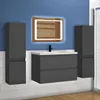 A modern bathroom vanity set with two tall cabinets and a central vanity unit with a mirror above. Produktbild-Vorschau