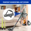 A person is using a vacuum cleaner in a living room, with a close-up of a vacuum cleaner attachment. There are also two cleaning brushes shown. Produktbild-Vorschau