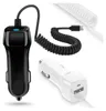 Two car chargers, one black and one white, are shown against a white background. The black charger has a coiled USB-C cable attached, while the white charger has a USB-A port. Produktbild-Vorschau