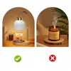 A split image showing a candle warmer lamp on the left and a burning candle on a wooden coaster on the right, with a green checkmark and a red cross below. Náhled obrázku produktu