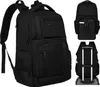 A collage of images showing a black laptop backpack from different angles, including a close-up of its front pockets and a view of it attached to a rolling suitcase. Náhled obrázku produktu