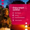 A woman is holding a smartphone and looking up and to the right, with a pink overlay on the right side of the image that lists features of a smart control system. Produktbild-Vorschau