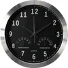 A round wall clock with a black face, silver frame, and integrated thermometer and hygrometer. Anteprima dell’immagine prodotto