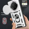 A hand is holding a phone case with a camera cover and a ring holder. There is text and logos on the image. Produktbild-Vorschau