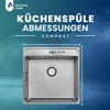 A diagram showing the dimensions of a stainless steel kitchen sink, with text overlays indicating measurements and product details. Produktbild-Vorschau