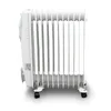 A white oil-filled radiator with wheels, shown from the side against a white background. Podgląd zdjęcia produktu