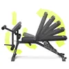 A black adjustable weight bench is shown from the side against a white background. Yellow arrows indicate adjustable parts of the bench. Náhľad obrázku produktu