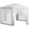 A white hexagonal gazebo with mesh sides and fabric curtains. Produktbild-Vorschau