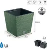 A product image showing a green planter with dimensions and capacity indicated, along with icons and a diagram of its features. Produktbild-Vorschau