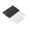 A set of seven nut drivers with black handles and silver shafts are arranged diagonally on a white background. Voir les images du produit