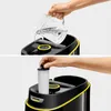 A split image showing two steps of using a Karcher steam cleaner. The top image shows water being poured into the device, and the bottom image shows a filter being inserted. Podgląd zdjęcia produktu