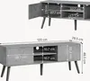 Two views of a gray TV stand with dimensions indicated. Podgląd zdjęcia produktu