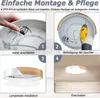 Collage of four images showing the installation steps of a ceiling light. Voir les images du produit