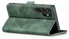A green flip cover phone case for a Samsung Galaxy S22 Ultra is shown from the side, with the cover open and propped up. Produktbild-Vorschau