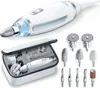 A white electric manicure and pedicure set with multiple attachments, displayed in a case and separately. Podgląd zdjęcia produktu