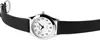 A close-up, angled view of a wristwatch with a white face and black leather strap, set against a white background. Produktbild-Vorschau
