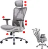 A grey ergonomic office chair with a white frame and silver base, shown from the front and a folded view. Produktbild-Vorschau