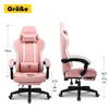 Two views of a pink gaming chair with dimensions indicated by lines and numbers. Náhľad obrázku produktu