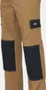 A close-up view of the lower legs of a pair of khaki work pants with black knee patches and a black cargo pocket. Produktbild-Vorschau