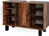 A vanity cabinet with a rustic wood finish and black legs. Produktbild-Vorschau