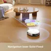 A robot vacuum cleaner is shown navigating a living room floor, with a holographic projection of its mapping system displayed above it. Produktbild-Vorschau