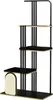 A modern, multi-level cat tree with black metal supports and wooden platforms, featuring black plush cushions and a cream-colored scratching panel. Náhľad obrázku produktu
