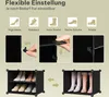 Collage showing a modular shoe rack, demonstrating its flexibility for different shoe types and assembly instructions. Produktbild-Vorschau