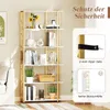 A tall, multi-shelf bookcase with decorative gold accents, filled with various home decor items and books. The image also includes a graphic overlay illustrating safety features. Produktbild-Vorschau
