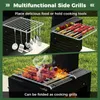 A collage of images showing a multifunctional side grill attachment for a barbecue, with one image showing cooking tools hanging from it and another showing food being grilled. Produktbild-Vorschau
