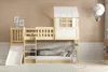 A wooden bunk bed with a slide and a playhouse-like structure on top, set in a child's bedroom. Produktbild-Vorschau