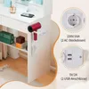 A white vanity table with a hairdryer attached to the side, and shelves with boxes and bottles. Inset images show electrical outlets and USB ports. Produktbild-Vorschau