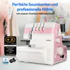 A pink and white overlock sewing machine is shown with various awards and text overlays. Produktbild-Vorschau