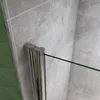 A close-up view of a shower enclosure hinge and glass panel against a tiled wall. Produktbild-Vorschau