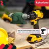 A close-up of a green pump attachment connected to a yellow and black power drill, with a yellow hard hat and wooden planks in the foreground. Náhľad obrázku produktu