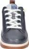 A close-up, front view of a blue leather sneaker with white laces and a side zipper. Náhled obrázku produktu