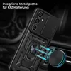 A black phone case with a ring holder and a sliding camera cover is shown attached to a car's air vent via a magnetic mount. Produktbild-Vorschau