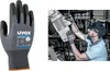 A split image showing a pair of work gloves on the left and a man wearing similar gloves working on machinery on the right. Produktbild-Vorschau